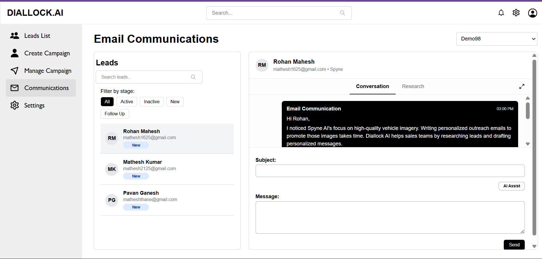DIALLOCKAI workflow step: Communications Management Dashboard