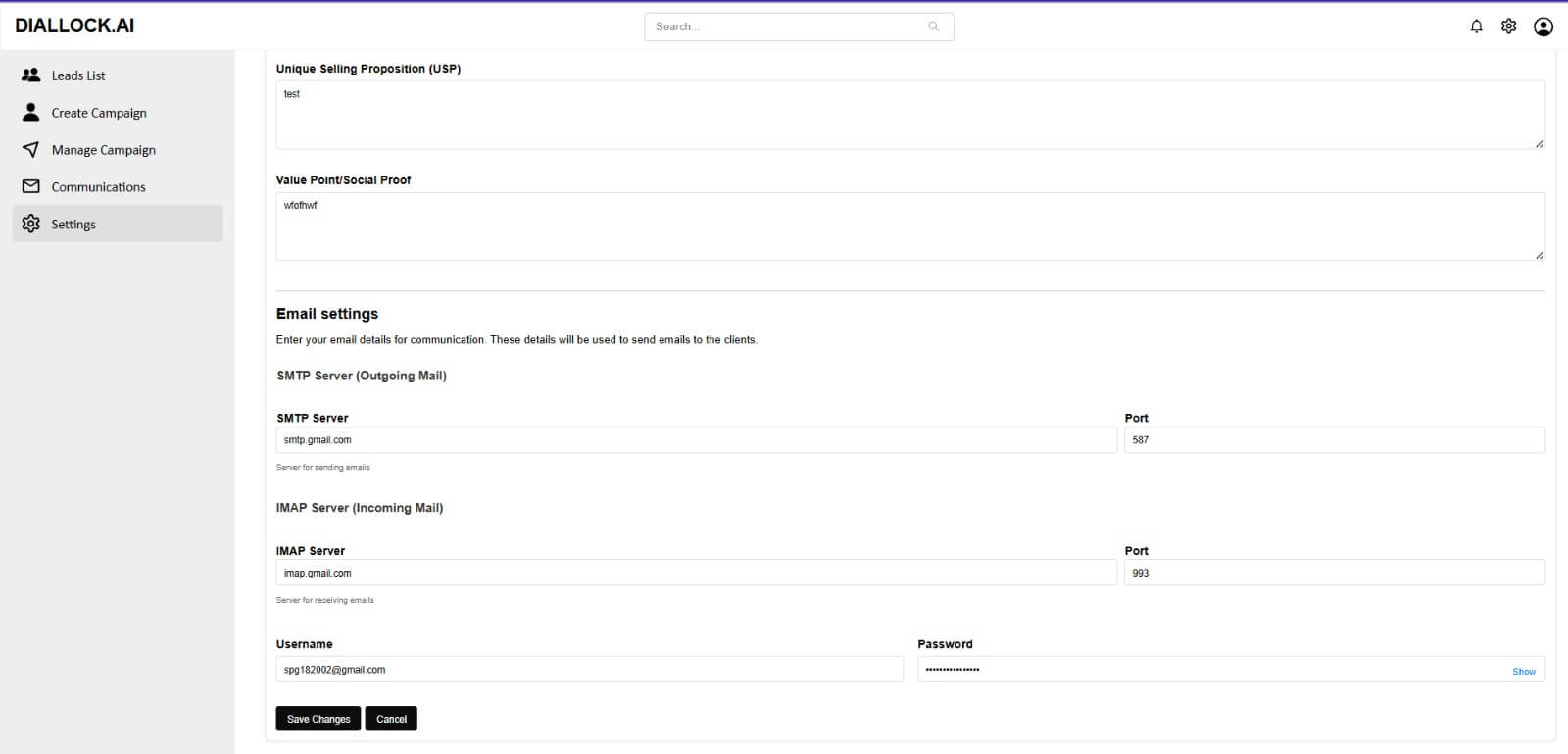 DIALLOCKAI workflow step: User Settings Configuration